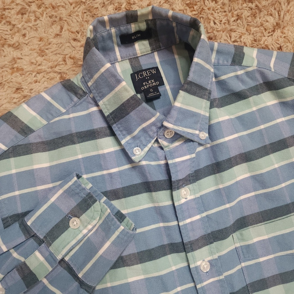 J.Crew Flex Oxford Shirt Mens S Blue Green Plaid Slim Fit Button Down L/S